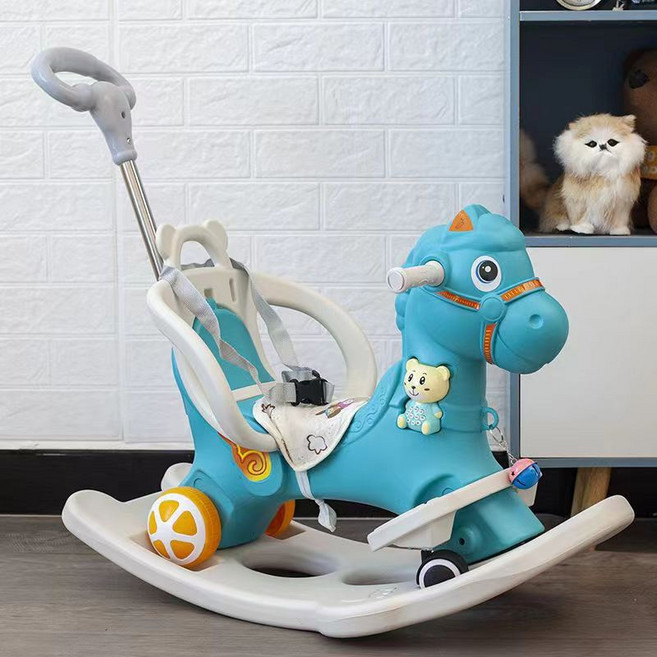 兒童搖搖馬1-5歲幼兒滑行搖椅馬寶寶木馬玩具兩用孕嬰店禮物禮品, 1個, 新款前輪腳踏萬向輪帶推把藍色:如圖