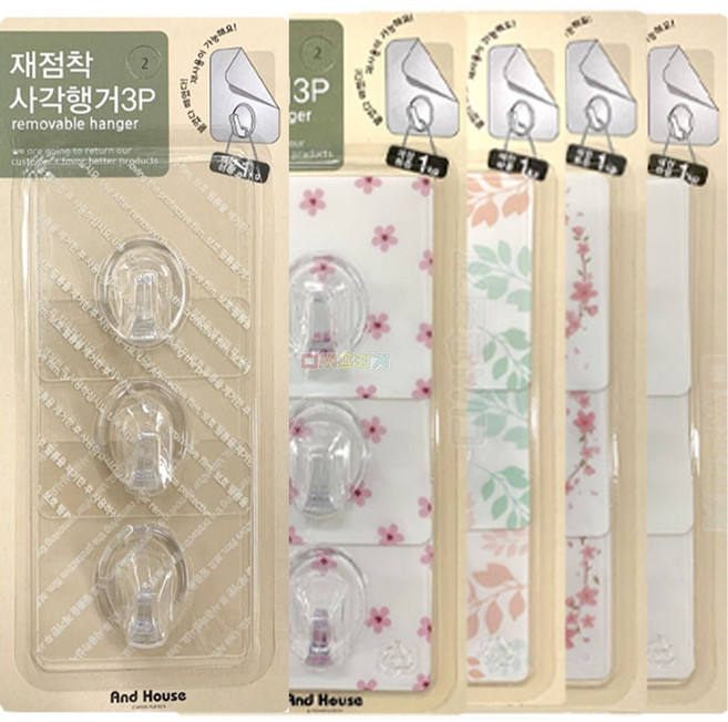 재점착 사각행거 3P, 재점착사각행거3P투명, 1세트, 투명