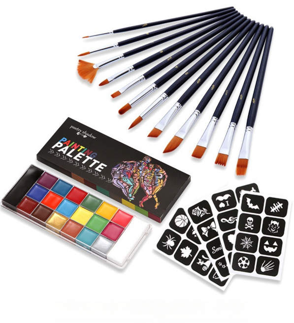 할로윈 메이크업 페이스페인팅 바디페인팅 분장 20컬러 고체 수채화물감키트 20컬러+10브러쉬+4템플릿