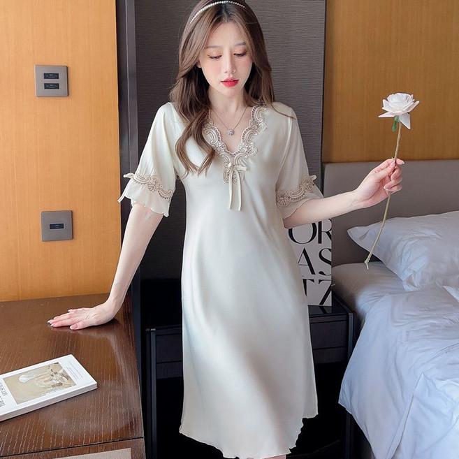 帕蘭朵 冰絲睡衣 蕾絲寬鬆睡裙 柔軟絲綢短袖家居服, 1個, 米白色L（100-120斤）