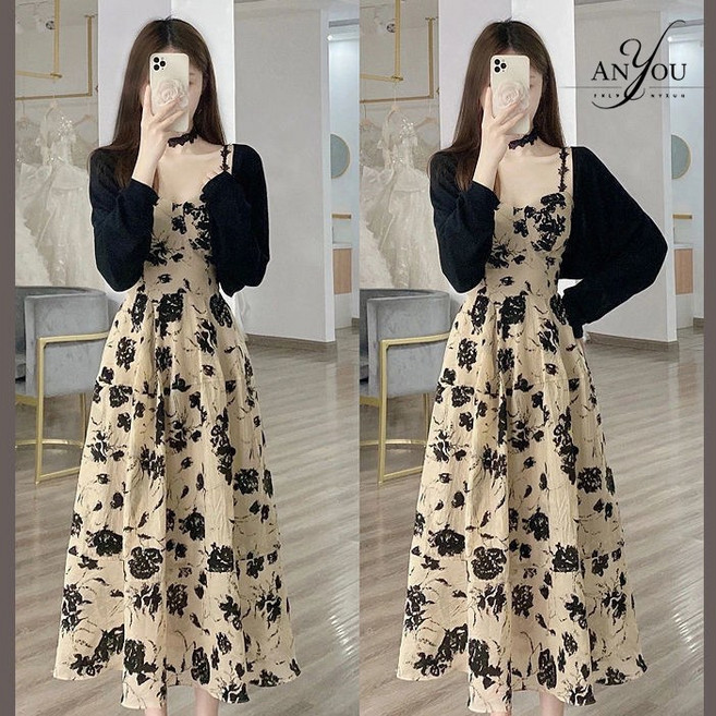 ANYOU 여름 원피스 롱원피스 가디건 코트+플라워 원피스 세트