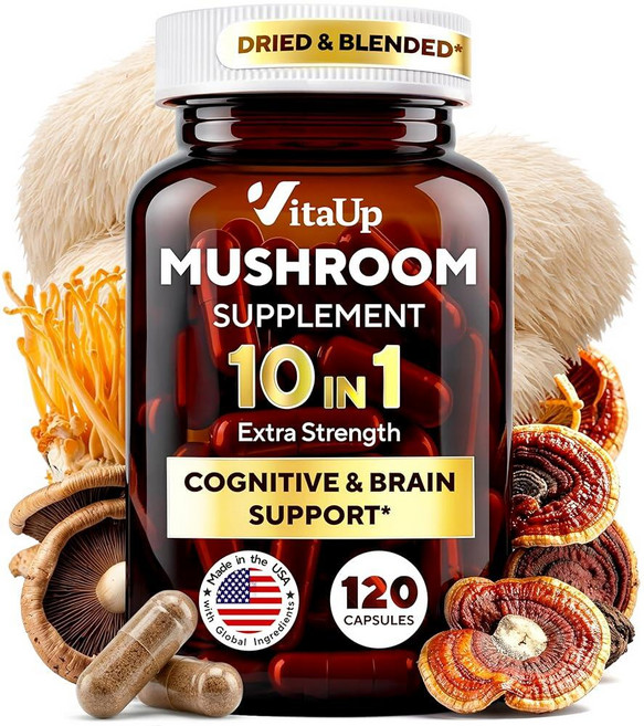 VitaUp 사자 갈기 보충제 캡슐 - 미국산 10 in 1 버섯 인지 및 면역 지원을 위한 갈기 동충하초 칠면조 꼬리 영지 표고버섯이 함유된 복합체 120개, Capsules, 1개