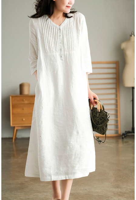 2023新款亞麻棉麻長裙，文藝復古休閒寬鬆高級感白色連衣裙女夏, 2XL