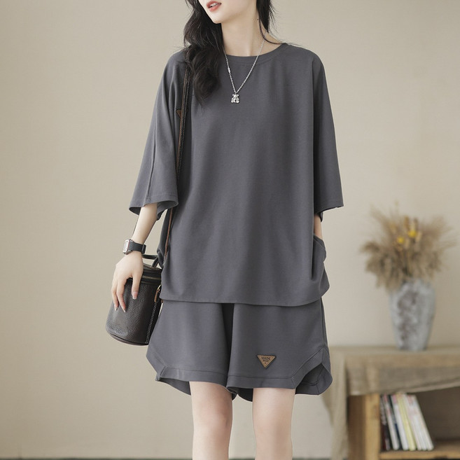 Makone 여성 빅사이즈 루즈핏 반팔 반바지 상하의 세트 솔리드 심플 캐주얼 트레이닝복 투피스