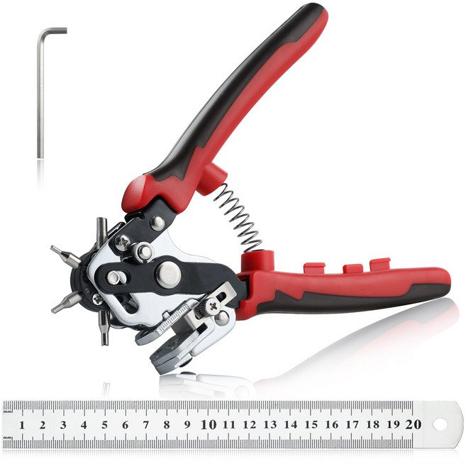 SPEEDWOX 6 in1 회전식 가죽 구멍 펀치 V형 날 설계 벨트 가죽 공예 멀티 펀치 가죽 펀치 가죽 펀칭기 가죽 구멍 뚫는 도구 벨트 구멍 펀치 다용도 펀칭기, 1개, 빨간