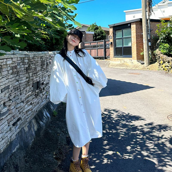 150kg 까지 여성 봄 가을 긴팔 원피스 캐주얼 셔츠 롱 스커트 오버핏 패션 원피스HF