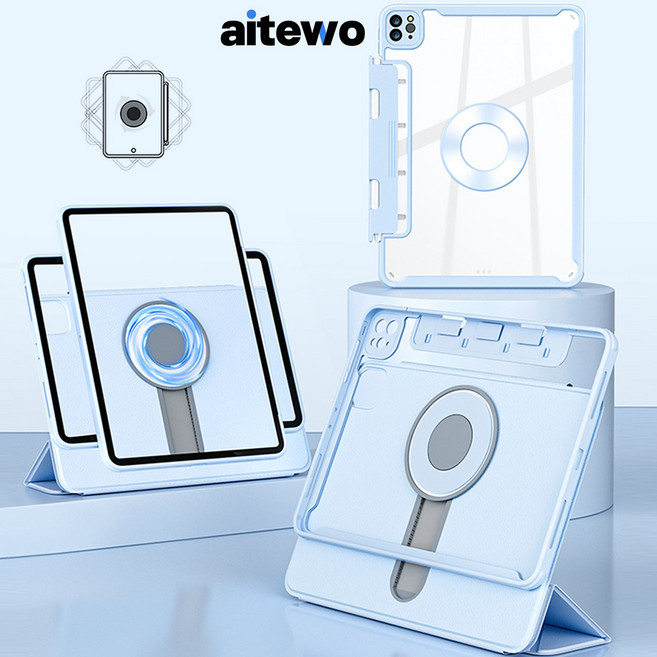 AITEWO 아이패드 마그네틱 케이스 높이조절 펜슬수납 360도회전 프로 1/2/3/4/5/6/7 세대 에어4/5/6/7 10.9인치 11인치 12.9인치 13인치 M2 M3 M4, 블루