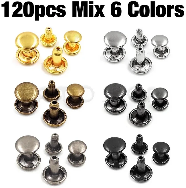 100sets 6 8mm 금속 더블 캡 라운드 리벳 스터드 충돌 네일 스파이크 락 가죽 공예 신발 가방 벨트 의류 팔찌 DIY, 03 8 x 8mm, 120Sets x 6 Colors