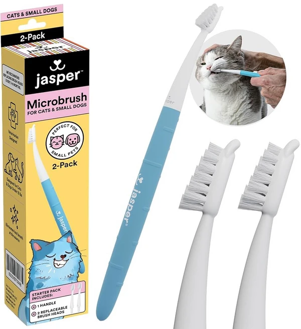 재스퍼 마이크로브러시 고양이 칫솔 고양이와 작은 개를 위한 부드러운 브리스틀 칫솔 키트 교체 가능한 헤드 2개가 있는 프리미엄 논슬립 핸들 치약과 함께 사용하세요, Microbrush Kit, 1 Count (Pack of 2) - 쿠팡