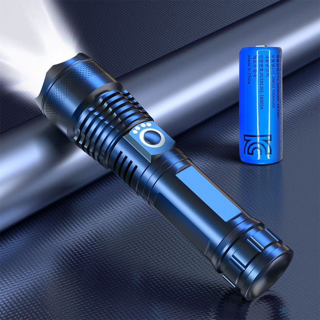 EVOKME 손전등 LED 후레쉬 줌 써치라이트 충전식 휴대용 초걍력 고휘도 XHP70 26650 5000mAh 블랙, 1개