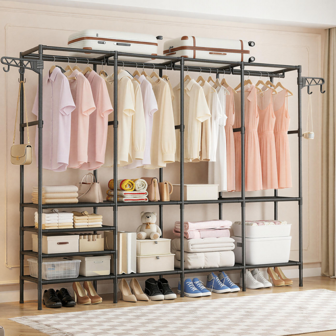 키루에 더블 다용도 수납 행거 가정용 침실 스탠드 행거, 블랙