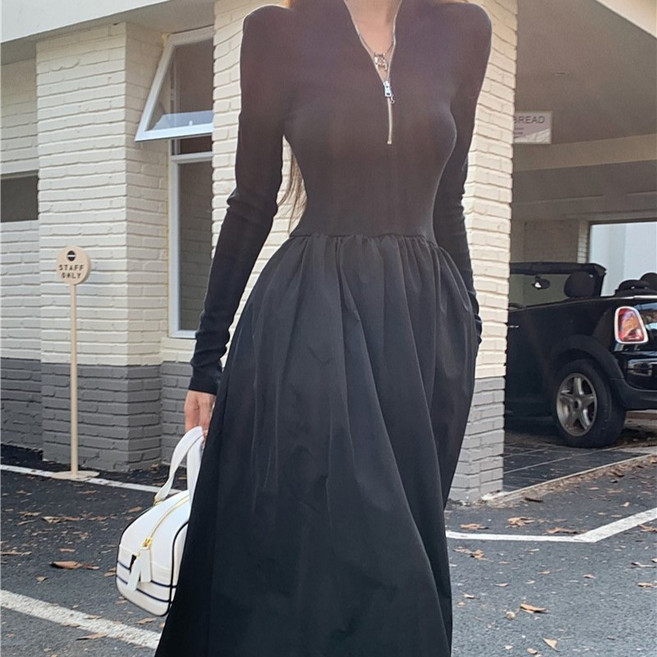 예쁨시전 봄가을 레이어드 반집업 긴팔 바스락 롱 원피스