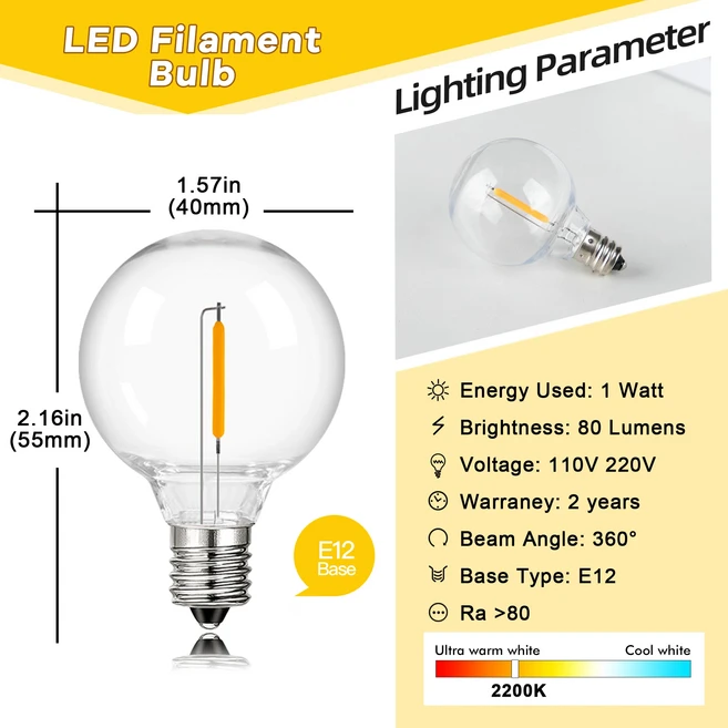 호환 25PCS 애완 동물 G40 글로브 Led 필라멘트 램프 전구 E12 기본 110V 220V 2200K 디 밍 문자열 빛 교체, 01 G40 PET bulb, 01 그렇습니다, 02 E12 220V