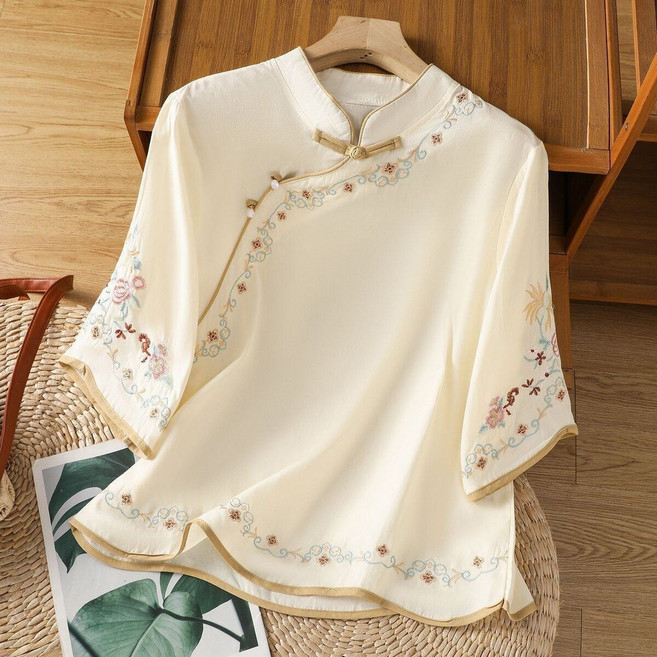 新中式刺繡襯衫 盤扣 文藝復古 斜襟