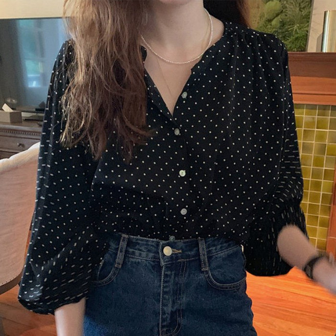 쁘띠꼬모 여성 체크 레이스카라 진주단추 퍼프소매 루즈핏 블라우스 GX561109