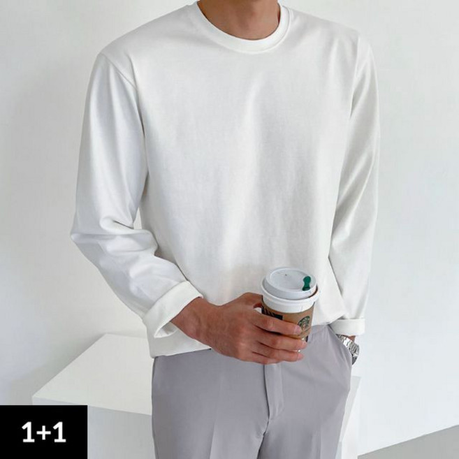 [1+1] 15칼라 어깨넓고 비침없는 오버핏 코디만능 특양면 두툼한 레이어드 긴팔티 흰티 면티 S~3XL빅사이즈 5358