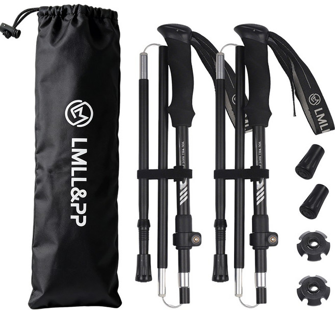 초경량 알루미늄 합금 접이식 5단 등산 스틱 세트, 1세트, 블랙