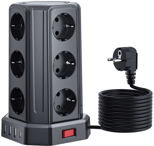 Sameriver 타워형 전원 스트립 USB 포트 4개 포함(최대 3.4A/16W 의 USB-A 3+ USB-C) 전기 소켓 12구 스위치 4개 3M 케이블 KC 인증서 취득, 1개, 검은색