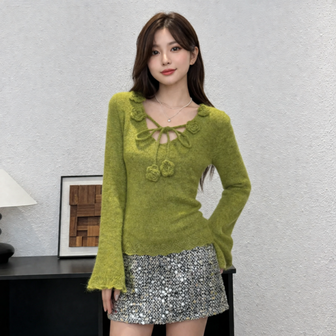 DUOMIHAN여성 플라워 장식 리본 장식 슬림핏 니트 긴팔 티셔츠WZS60417