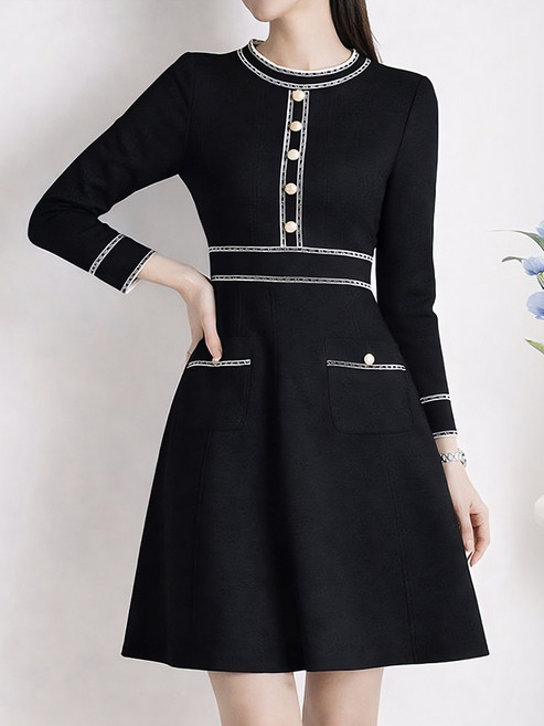 배색 포켓 긴팔 플레어 원피스_M2602OP610A