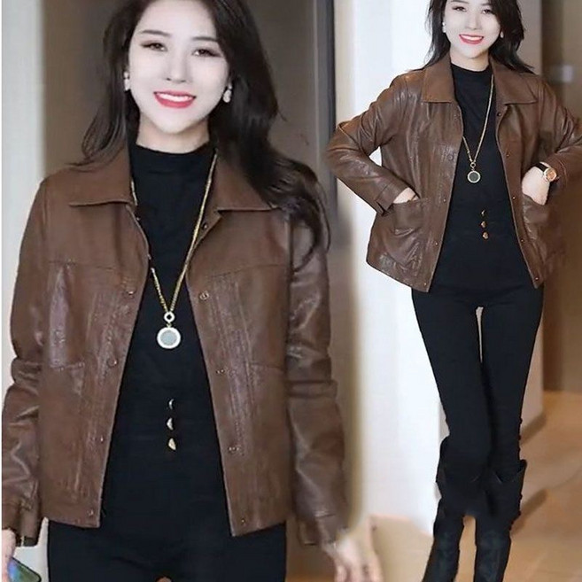 중년 여성 긴팔 레더 자켓 캐주얼 중장년 엄마 PU 가죽 재킷 루즈핏 데일리 여자 터틀넥 레더 자켓 SYM
