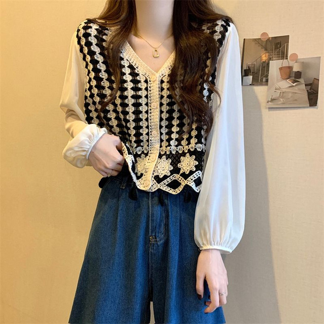 PETITBATH 여성 크로셰 레이어드 브이넥 블라우스 250911 WH 5834