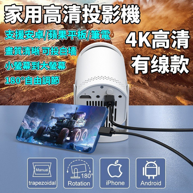 家用高清投影機 4K無線/有線同屏 安卓/蘋果支援 迷你便攜, 白色【Q5-有線同屏-無内建-附電源缐】