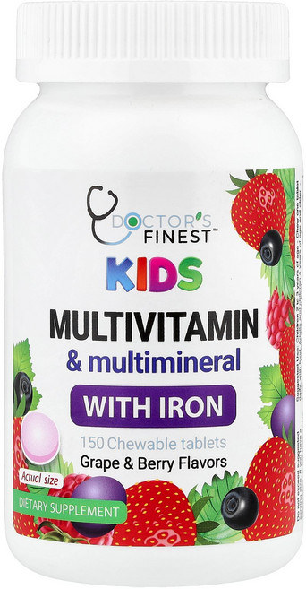 Doctor's Finest 어린이용 철분 함유 종합비타민 & 종합미네랄 포도 베리 츄어블 150정 Finest (닥터스 파이니스트), 1개