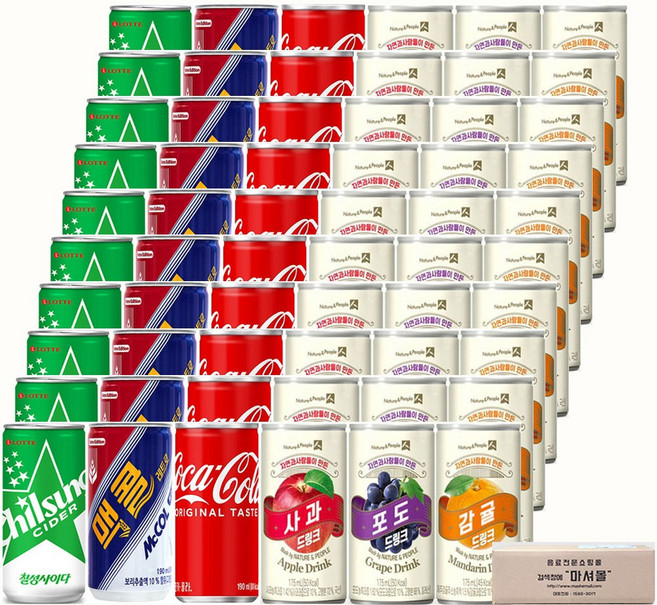 (탄산+주스 미니캔 혼합세트 6가지맛 각10캔씩 총60캔) (코카콜라+칠성사이다+맥콜)+(제주감귤+사과+포도), 175ml, 60개