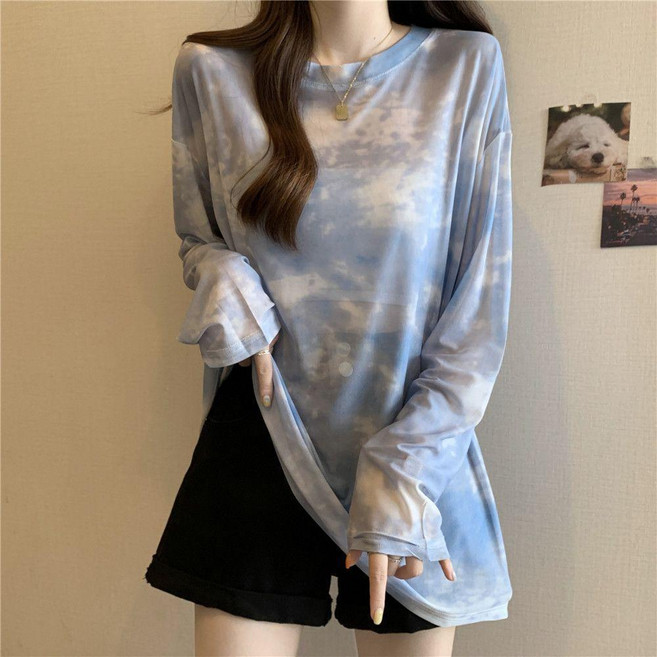 薄款冰絲長袖防曬罩衫女夏季寬鬆顯瘦紮染網紗上衣, 藍色,2XL 建議65.0-75.0公斤, 藍色