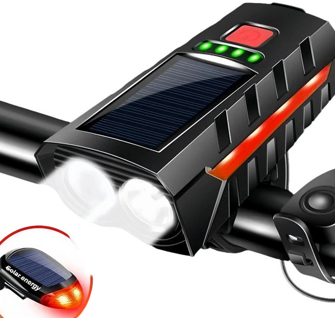 솔라 자전거 라이트 전조등 + 경적 / 야외 사이클링 라이트 조명 야간 조명 / USB 듀얼 충전 야간 주행등, 1개, 빨간색[2400mAh] + 솔라 테일 램프