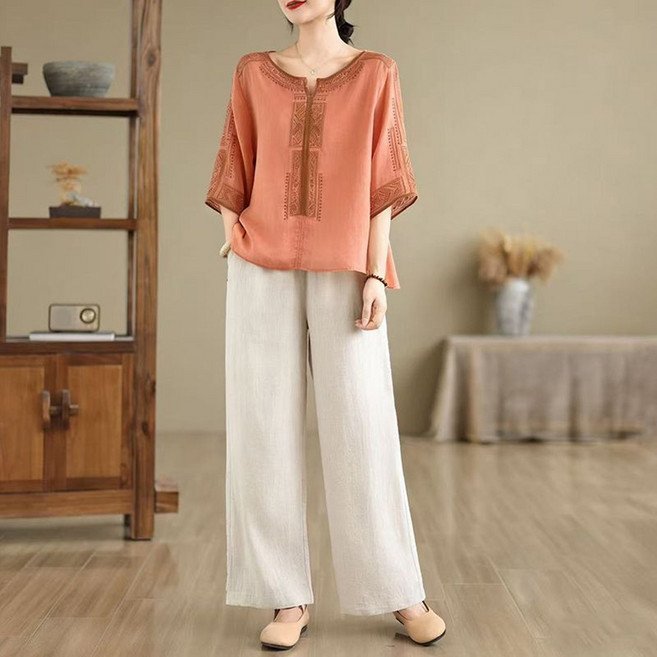 POMTOR 여름 여성 개량한복 세트 자수 티셔츠+와이드 팬츠 투피스 생활한복
