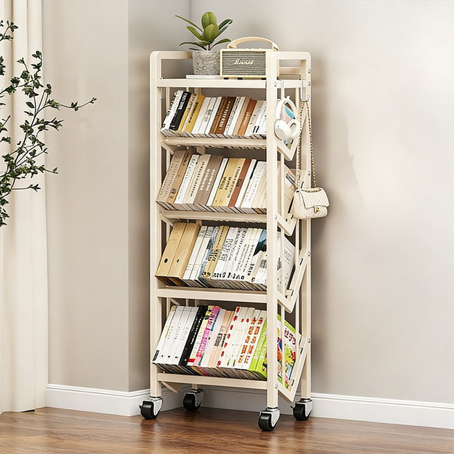 다층높고 두툼한 이동식 바닥형 서가 수납 선반 | 책 정리 간편형 보관 선반, 5단, 크림색