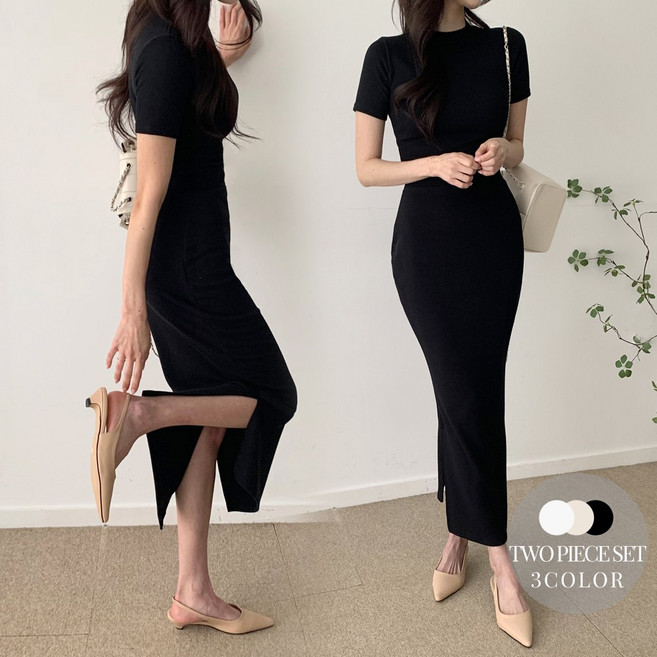 [순이] S.여성 쫀득 텐션 반팔+슬릿스커트 세트 원피스