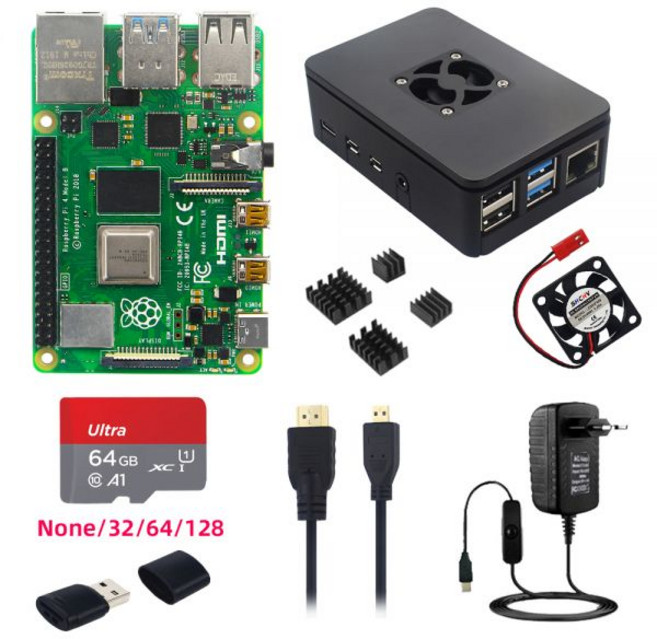 라즈베리 파이 4 모델 B 8G 4G 2G 1 GB RAM 케이스 + 팬 + 히트 싱크 + 전원 어댑터 옵션 32 64 128 GB TF 카드 RPI 4, 2GB RAM, 64GB 카드, 1개