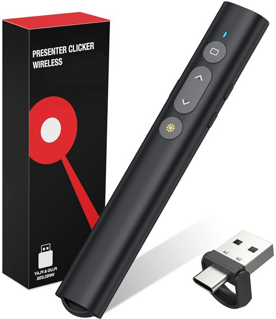 2 in 1 USB 타입 C 충전식 프레젠테이션 클리커(그린 포인터 포함) 파워포인트 프레젠테이션용 무선 프레젠테이션 PPT 클리커 컴퓨터 맥북용 2.4GHz 프레젠테이션 원격, 1 X140-2in1 Type C, Red-2in1 USB C, 1개