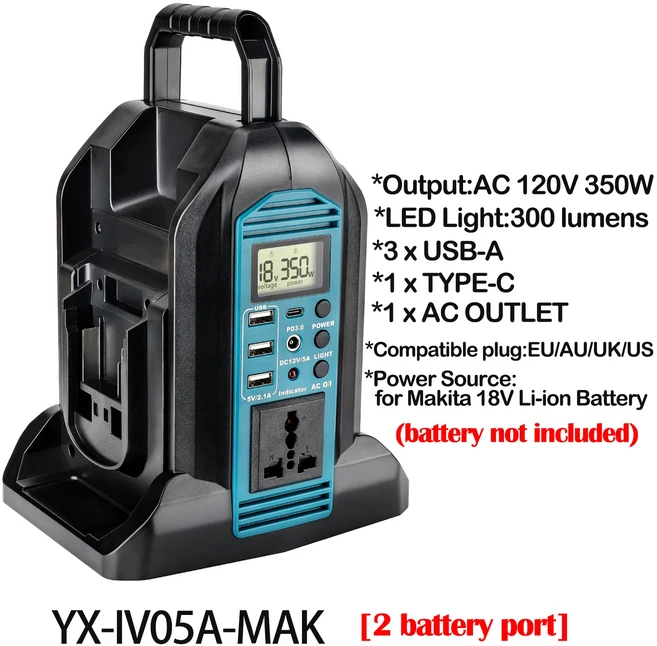 마끼다호환 18V 배터리용 200350W 전원 인버터 4포트 DC AC 110-120V220-230V 순수 사인파 인버터(3개의 U, 02 YX-IV05A-MAK