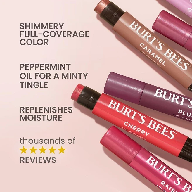 Burt's Bees 쉬머 립 틴트 세트 틴트 립밤 스틱 하루 종일 수분 공급을 위한 보습 천연 유래 글로우 피그먼트 마감 및 조립 가능한 색상 플럼 (4팩), Plum - 쿠팡