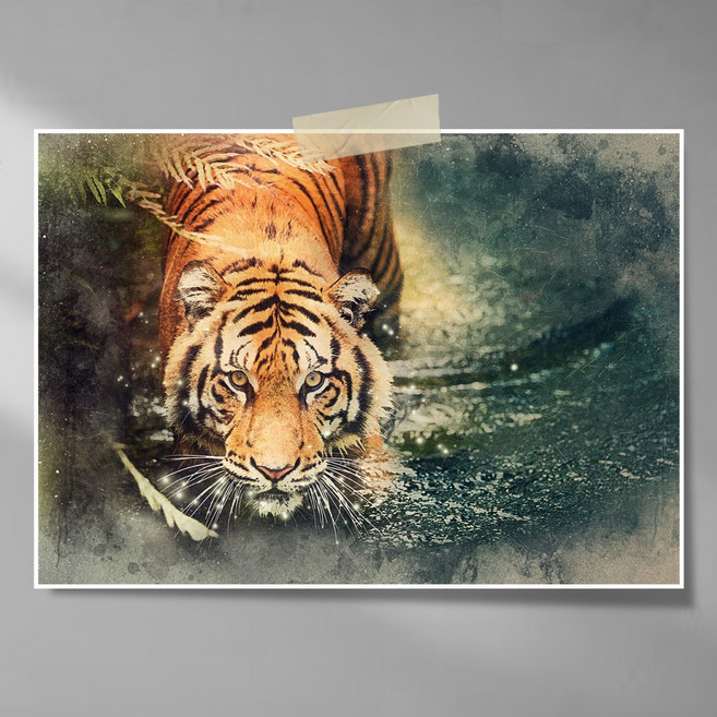 엘티에프티 성공 승진을 부르는 호랑이 포스터 그림(액자 제외) 황호랑이 백호랑이 그림 액운방지 사업잘되는 인테리어 포스터, 물속의 호랑이 포스터