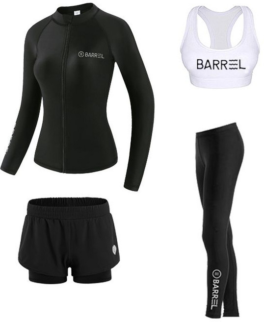 BARREL 女長袖泳衣 衝浪防曬速乾, 1個, 黑拉鏈4件套（干濕均防曬）L