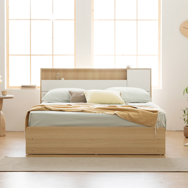 [즉시할인2만원] 파로마 펜나 LED조명 3단 통수납침대 Q 프레임만, 화이트+오크