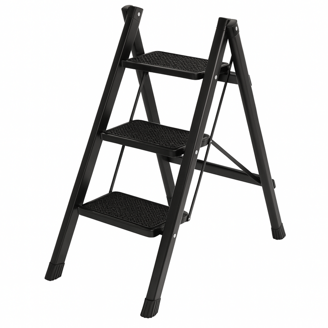 H-Company 가정용 탄소강 접이식 사다리, 3단 블랙