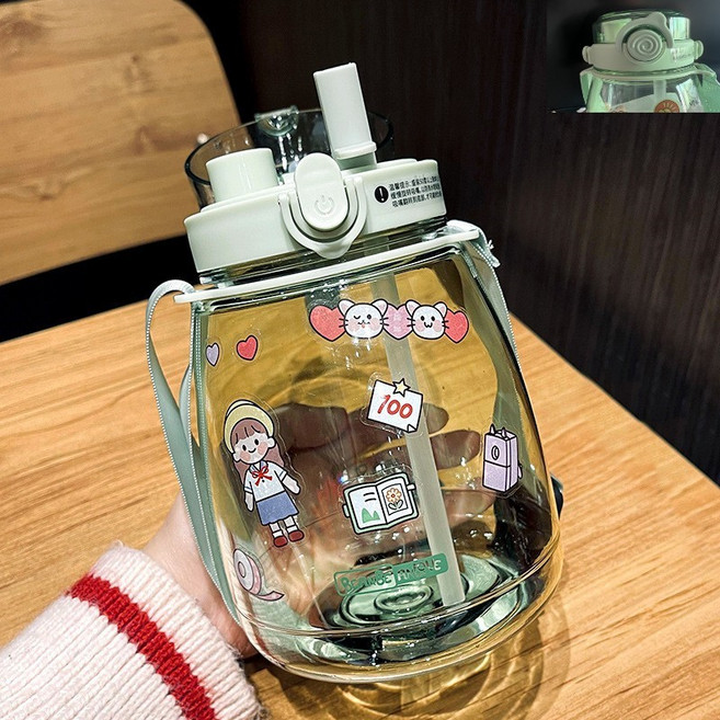 BEANBOANONE 大肚水杯 送時間標記, 雙飲大肚杯綠色1300ml 含杯帶 卡通貼紙, 1套, 1300L