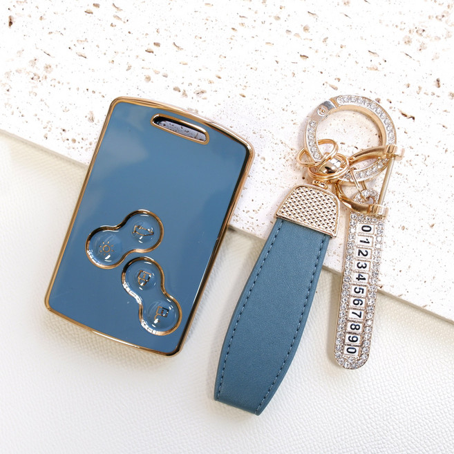 트니르 SM3 SM5 SM7 CLIO QM3 QM5 차키 케이스 TPU 가죽 키링 키홀더 스마트키 르노삼성 호환 c타입 자동차 키 커버 케이스 차량용품, 큐빅오링, 블루