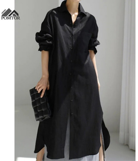 POMTOR 여성 면마 셔츠 원피스 넉넉한 불규칙한 긴 원피스