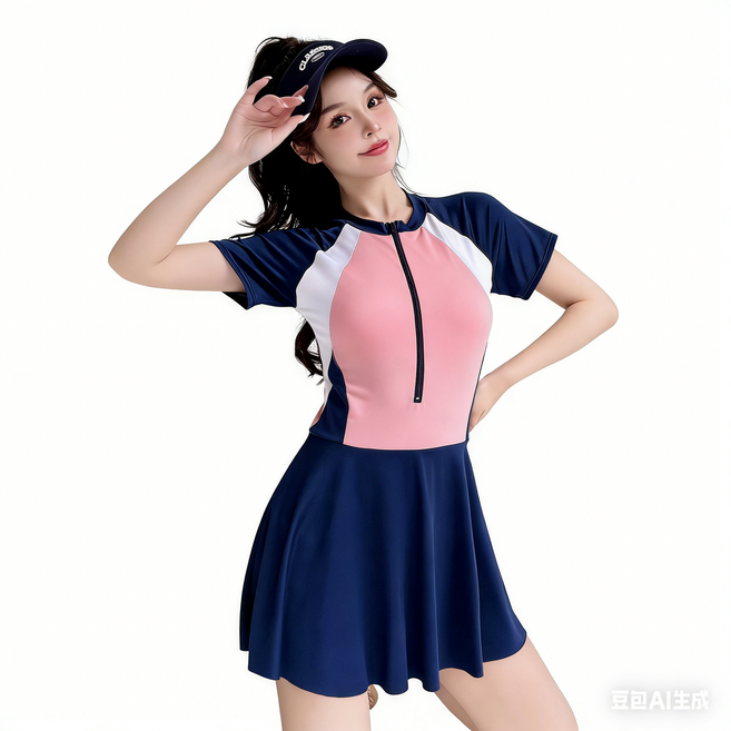 차쿠 여성 반팔 집업 원피스 수영복 체형커버 반팔 원피스 수영복, 핑크