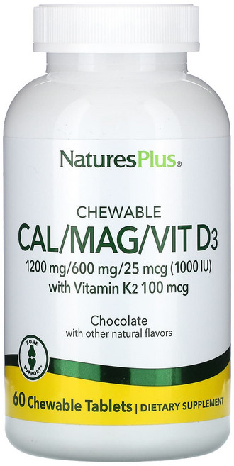네이처 플러스 츄어블 칼슘 마그네슘 비타민 D3 위드 비타민 K2 초콜릿 맛 60 츄어블 NaturesPlus, 1개, 60정