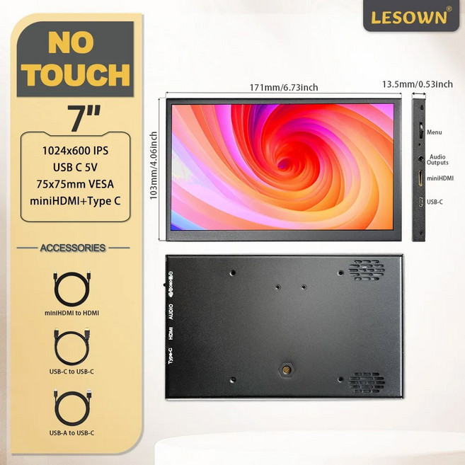 LESOWN 컴팩트 7인치 HD 터치스크린 휴대용 IPS 해상도 USB 1024X600 디스플레이 번째 화면 미니 모니터 PC 컴퓨터 소형, Monitor 1