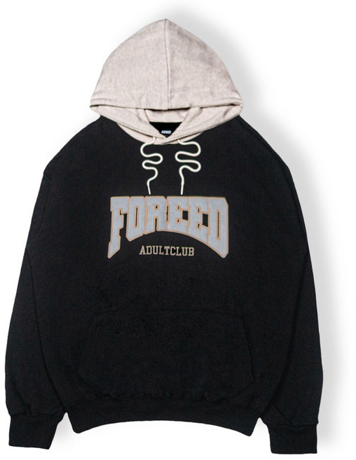 포에드 오버핏 어덜트 클럽 배색 후드 - 블랙 스웻셔츠 후드티