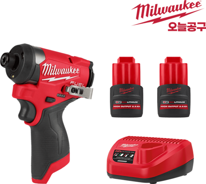 밀워키 M12 FID2-252X M12 FUEL 임팩트 드라이버(GEN3) 고출력 2.5Ah 배터리 2개 12V 충전기 케이스 세트, 1개